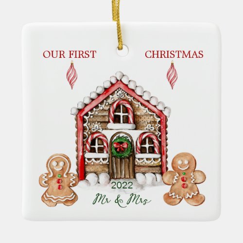 Candy Cane House Gingerbread People Christmas Ceramic Ornament