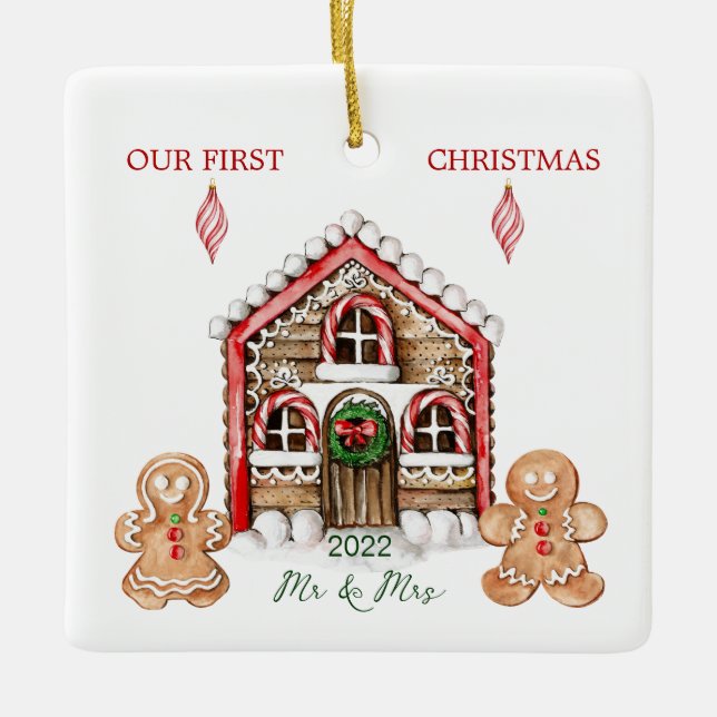 Candy Cane House Gingerbread People Christmas Ceramic Ornament (Front)