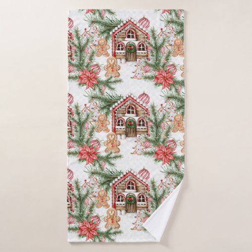 Candy cane house poinsettia gingerbread man bath towel