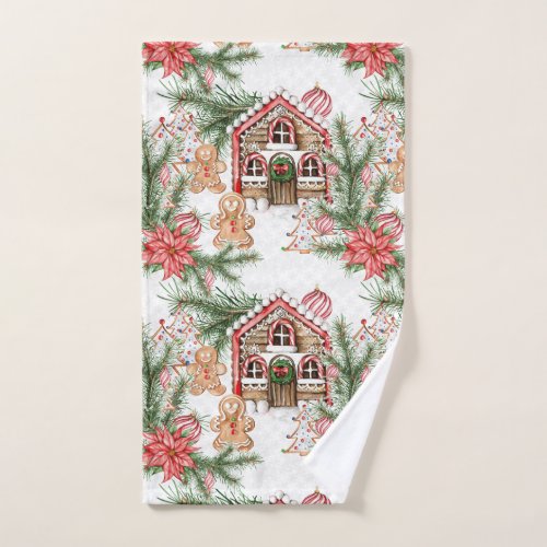 Candy cane house poinsettia gingerbread man hand towel 