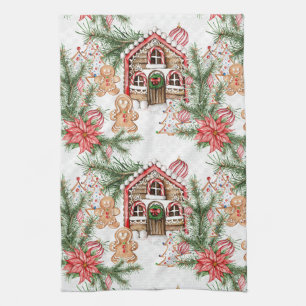 Candy cane house, poinsettia, gingerbread man kitchen towel