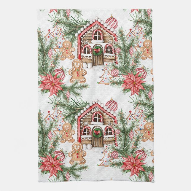 Candy cane house, poinsettia, gingerbread man kitchen towel (Vertical)