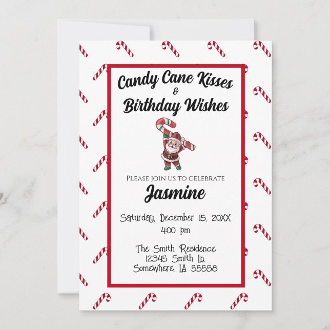 Candy Cane Kisses and Birthday Wishes Invitation (Front)
