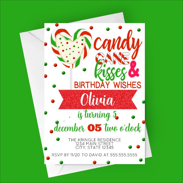 Candy Cane Kisses Birthday Wishes Party Invitation (Candy Cane Kisses and Birthday Wishes | Candy Cane Heart Candy Birthday Party Invitation)