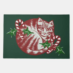 Candy Cane kitty cat art fun caturday Christmas Doormat