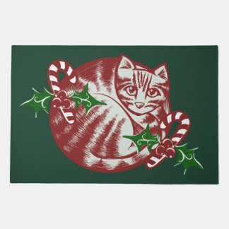 Candy Cane kitty cat art fun caturday Christmas Doormat