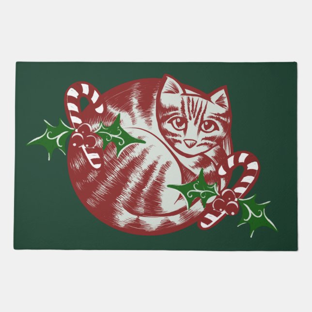 Candy Cane kitty cat art fun caturday Christmas    Doormat (Front)