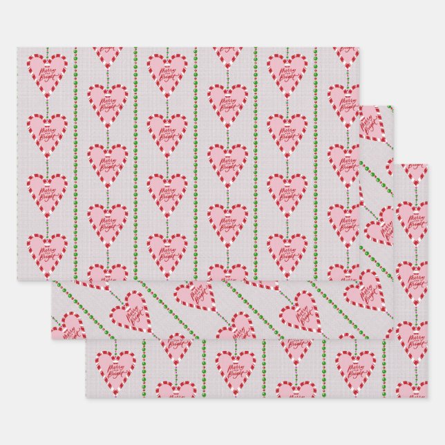 candy cane Merry and Bright 3 pack gift wrap (Set)