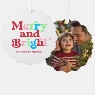 Candy Cane Merry & Bright Retro Christmas Photo Ornament Card
