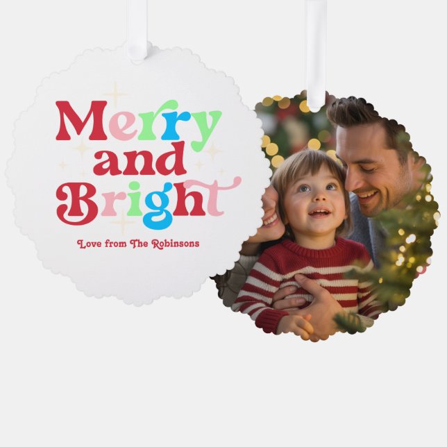 Candy Cane Merry & Bright Retro Christmas Photo Ornament Card (Front/Back)