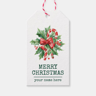 Candy Cane Merry Christmas Custom Text Dark Green Gift Tags