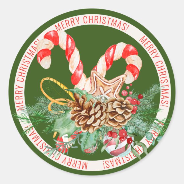 Candy Cane Merry Christmas Round Sticker (Front)