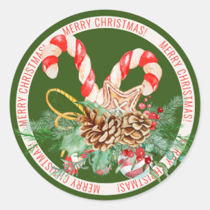Candy Cane Merry Christmas Round Sticker