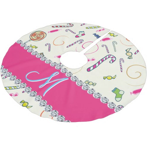 Candy Cane Monogram Hot Pink Diamond Initial Brushed Polyester Tree Skirt