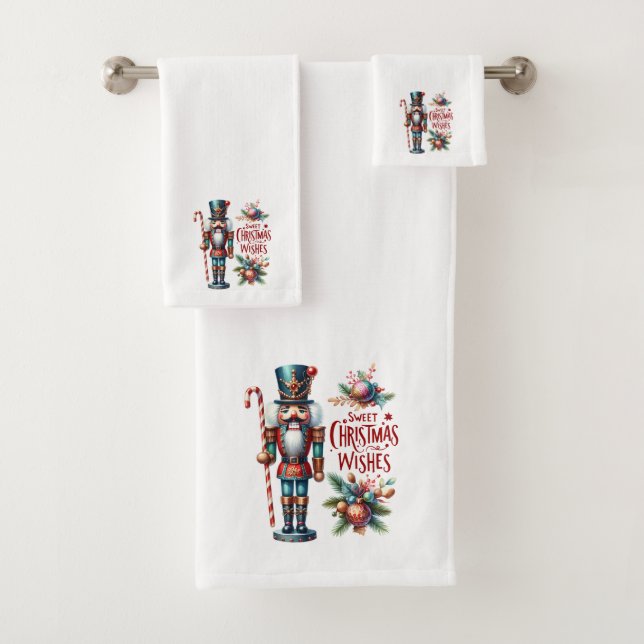 Candy Cane Nutcracker Sweet Christmas Wishes Bath Towel Set (Insitu)