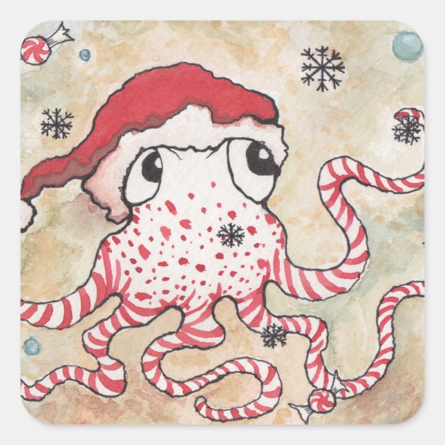 Candy Cane Octopus Square Sticker (Front)