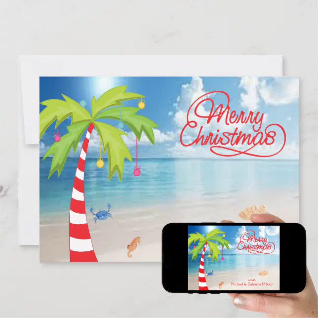 Candy Cane Palm Tree Beach Christmas Card Zazzle