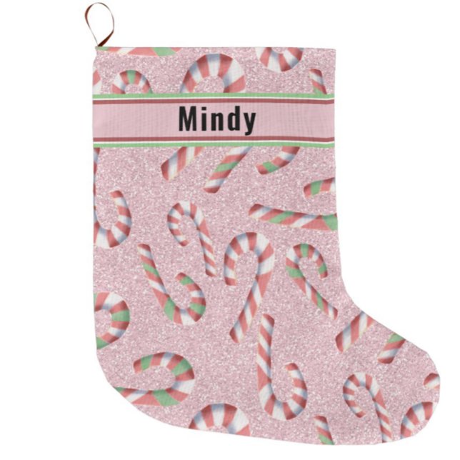Candy Cane Patten Pink Glitter Custom Name Large Christmas Stocking (Creator Uploaded)