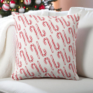 Candy Cane Pattern Red White Watercolor Christmas Throw Pillow