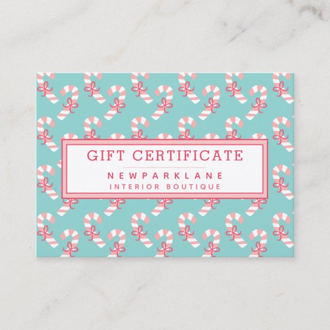 Candy Cane Pattern Teal Christmas Gift Certificate