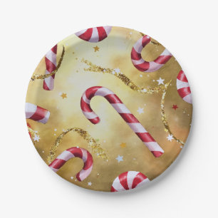 Candy Cane Peppermint Gold Paper Plate 
