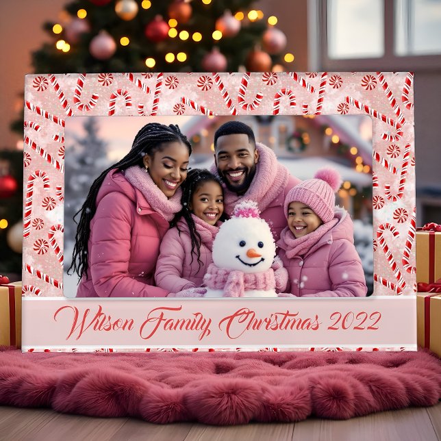 Candy Cane Peppermint Personalized Christmas  Magnetic Frame (Festive candy cane and peppermint Christmas frame with custom family name and year.)