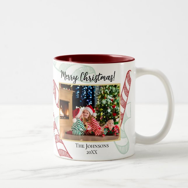 Candy Cane Peppermint Photo Christmas Red Green Two-Tone Coffee Mug (Right)