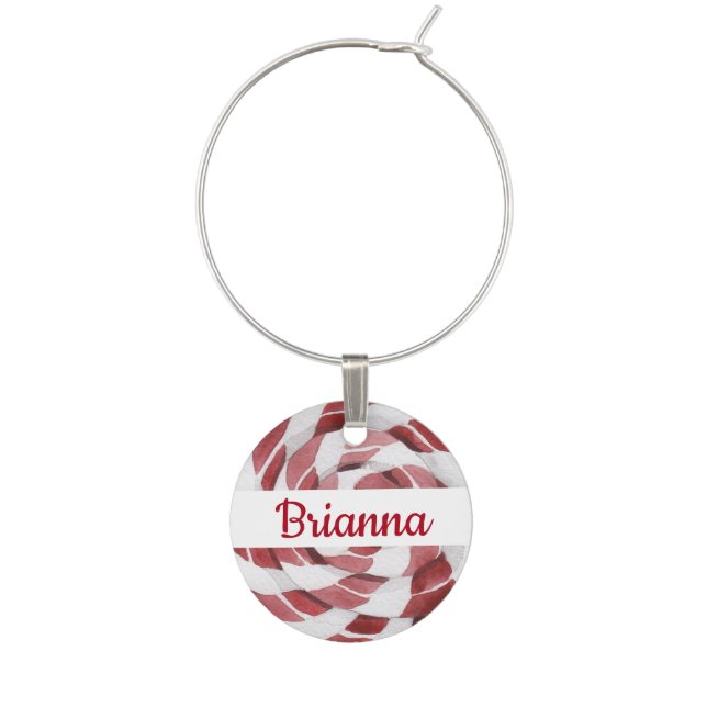 Candy Cane Peppermint Swirl with Name Wine Charm (Front)