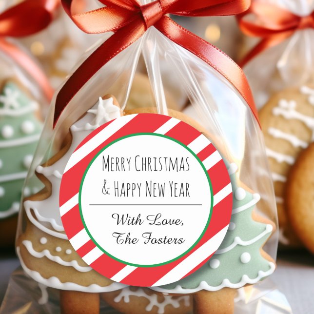 Candy Cane Personalize Merry Christmas New Year Classic Round Sticker (Creator Uploaded)