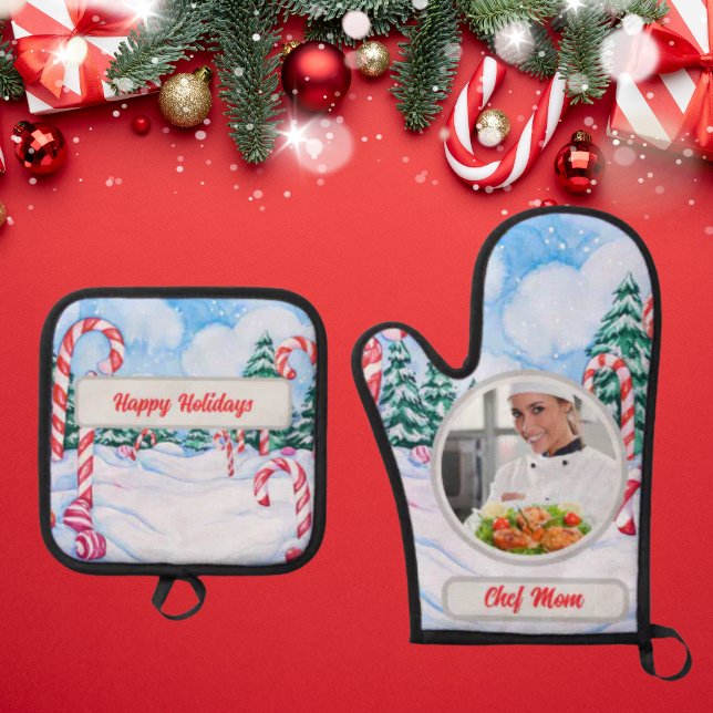 Candy Cane Personalized Chef Mom Photo Christmas Oven Mitt & Pot Holder Set (Creator Uploaded)