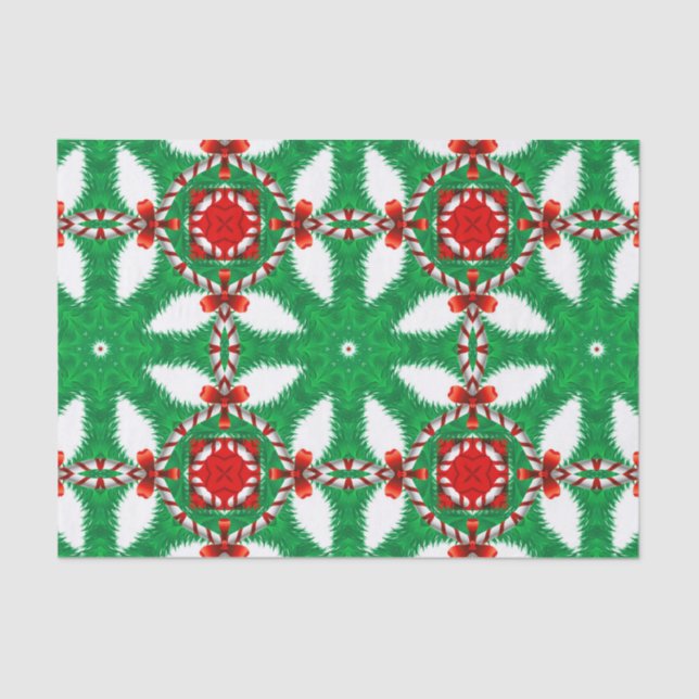 Candy Cane Pine Branches Red Bow Ties Xmas Pattern Tissue Paper (Front)