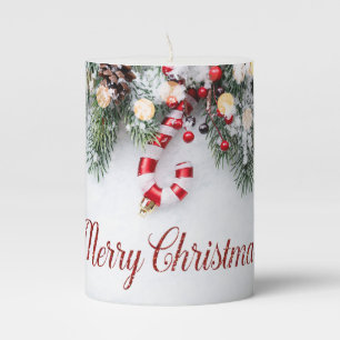Candy Cane,Pine Tree Branches,Balls Pillar Candle