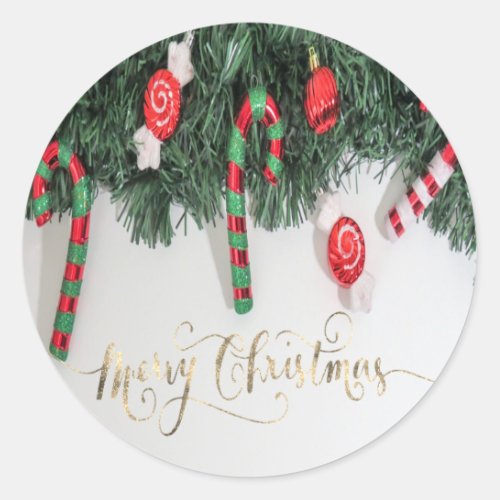 Candy Cane Pine Tree Holiday Classic Round Sticker