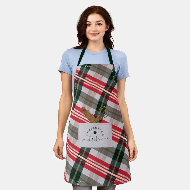 Candy Cane Plaid Fake Pocket & Wooden Spoon Whisk Apron (Worn)