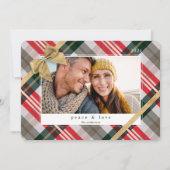 Candy Cane Plaid Gift Wrapped & Bow Present Photo Holiday Card (Front)