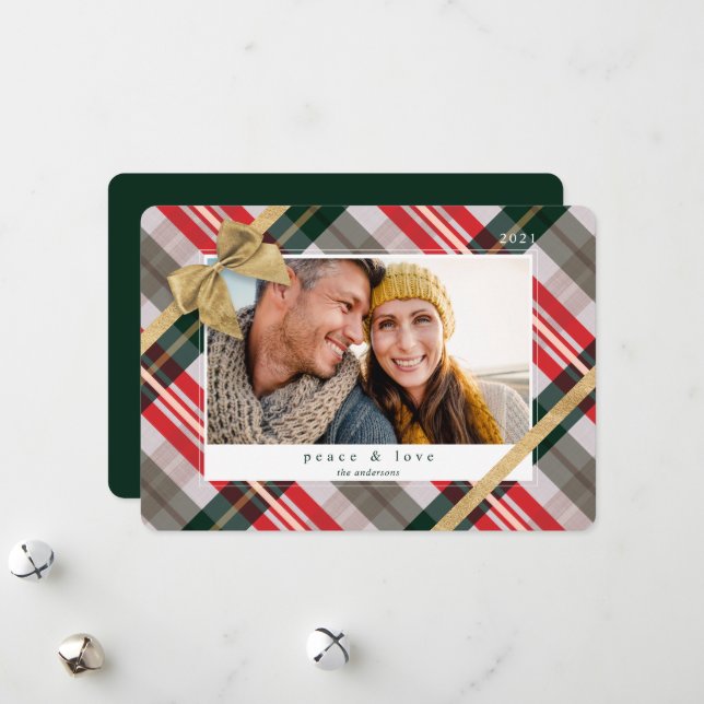 Candy Cane Plaid Gift Wrapped & Bow Present Photo Holiday Card (Front/Back In Situ)
