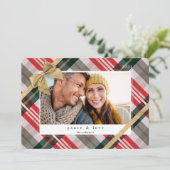 Candy Cane Plaid Gift Wrapped & Bow Present Photo Holiday Card (Standing Front)