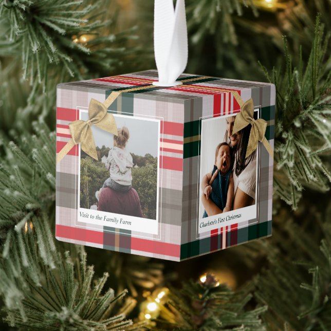 Candy Cane Plaid Gift Wrapped & Bow Present Photos Cube Ornament (Tree)