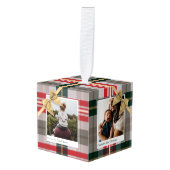 Candy Cane Plaid Gift Wrapped & Bow Present Photos Cube Ornament (Front Angled)