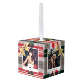 Candy Cane Plaid Gift Wrapped & Bow Present Photos Cube Ornament (Back Angled)