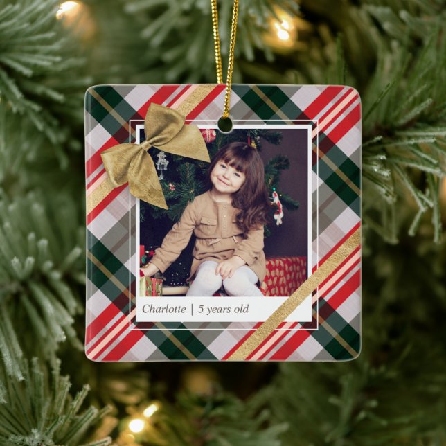 Candy Cane Plaid Wrapping & Gold Bow Present Photo Ceramic Ornament (Tree)