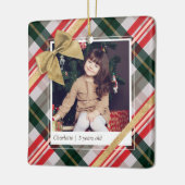 Candy Cane Plaid Wrapping & Gold Bow Present Photo Ceramic Ornament (Left)