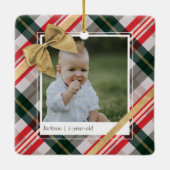 Candy Cane Plaid Wrapping & Gold Bow Present Photo Ceramic Ornament (Back)