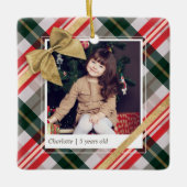 Candy Cane Plaid Wrapping & Gold Bow Present Photo Ceramic Ornament (Front)