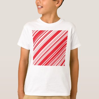 Candy Cane Red And White Diagonal Multi Stripes T-shirt by santasgrotto at Zazzle