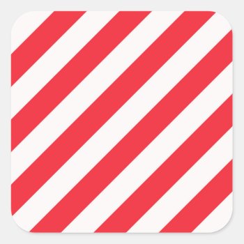 Candy Cane Red And White Diagonal Stripes Square Sticker by santasgrotto at Zazzle