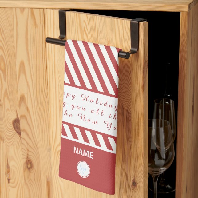CANDY CANE RED AND WHITE HAPPY HOLIDAYS LOGO GIFT KITCHEN TOWEL (Thirds Fold)