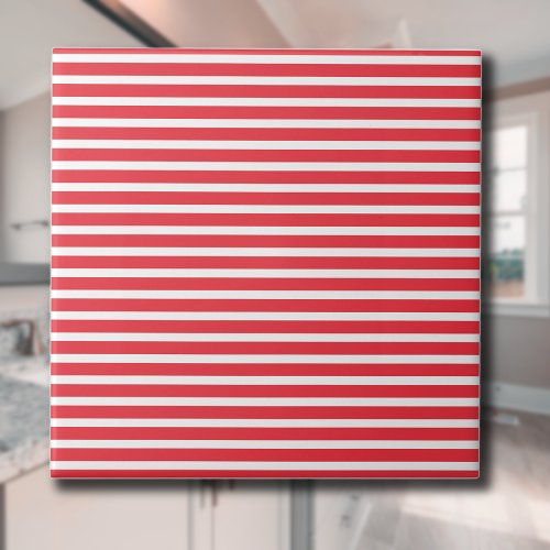 Candy Cane Red and White Simple Horizontal Striped Ceramic Tile