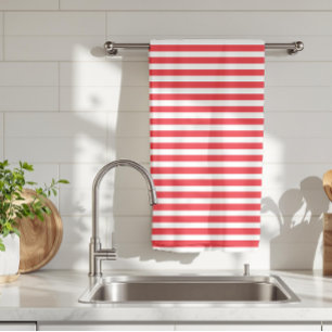 Candy Cane Red and White Simple Horizontal Striped Kitchen Towel