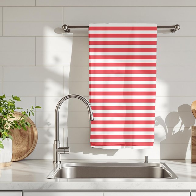Candy Cane Red and White Simple Horizontal Striped Kitchen Towel (Creator Uploaded)